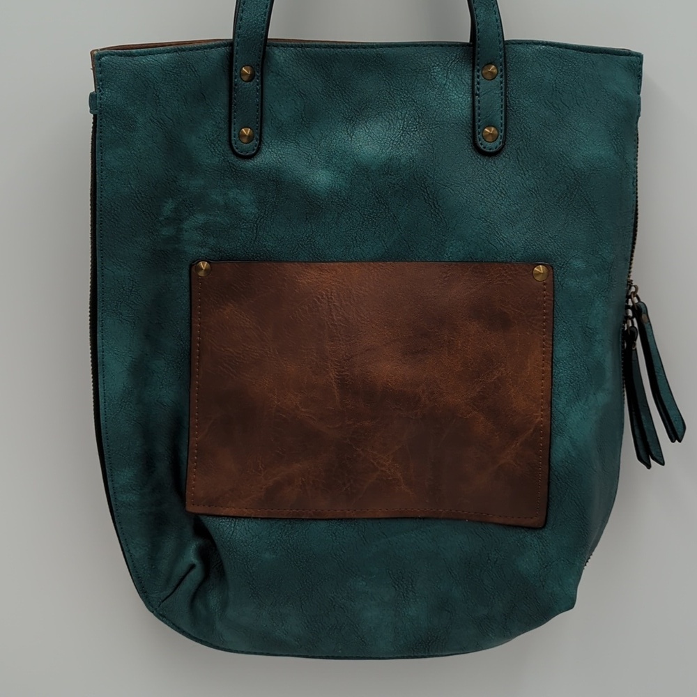 Liz Soto Boho Leather Shoulder Handbag Reversible Brown Teal Zipper Luxe western